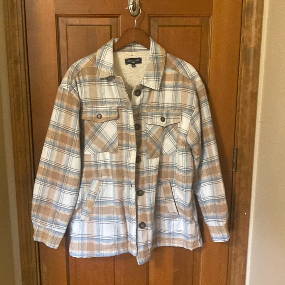 Love Tree Flannel Plaid Sherpa Shacket